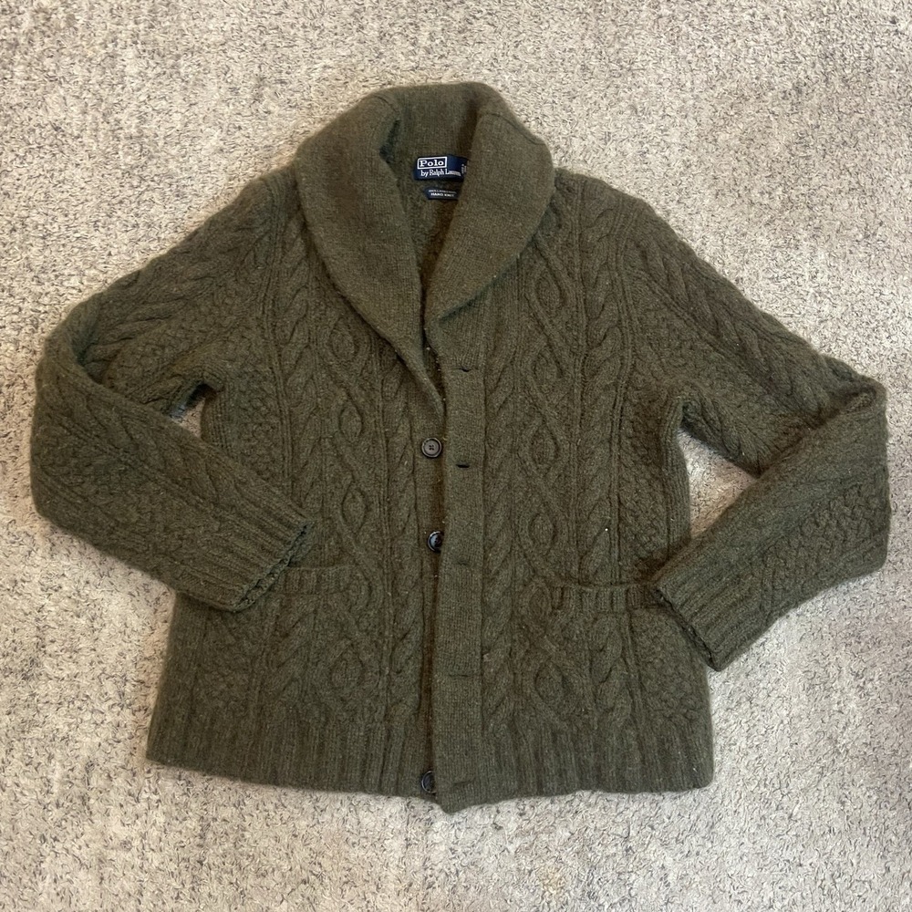 VTG Polo Ralph Lauren Mens Sweater Large Hand Knit Olive LambsWool Cardigan